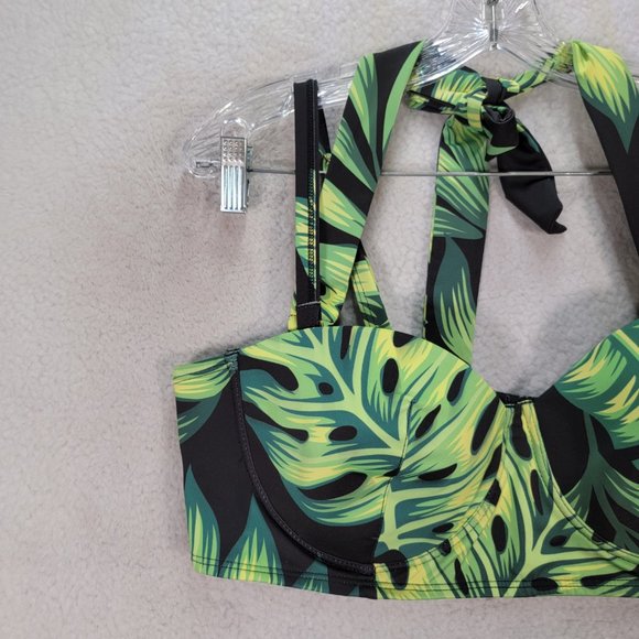 High Dive ModCloth Green Leaf Tropical Halter Retro Style Swim Top Swimwear - Picture 3 of 13